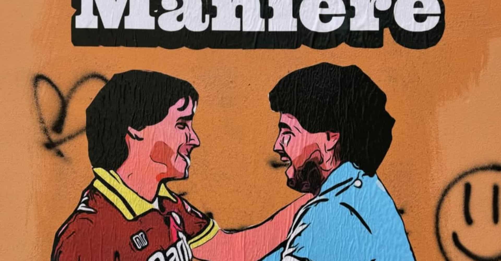 Roma Napoli, il calcio che unisce: il murale di Drugi celebra Conti e Maradona