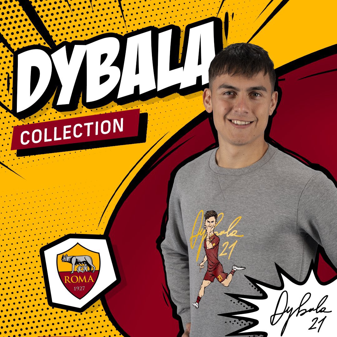 Modello con felpa grigia della Dybala Collection della AS Roma, con grafica in stile fumetto