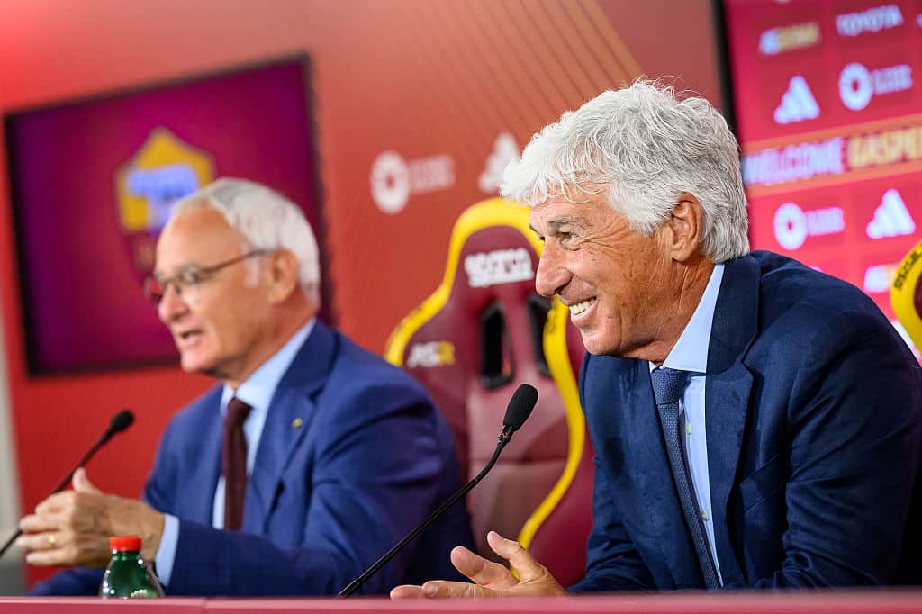 Gian Piero Gasperini e Claudio Ranieri in conferenza stampa alla Roma