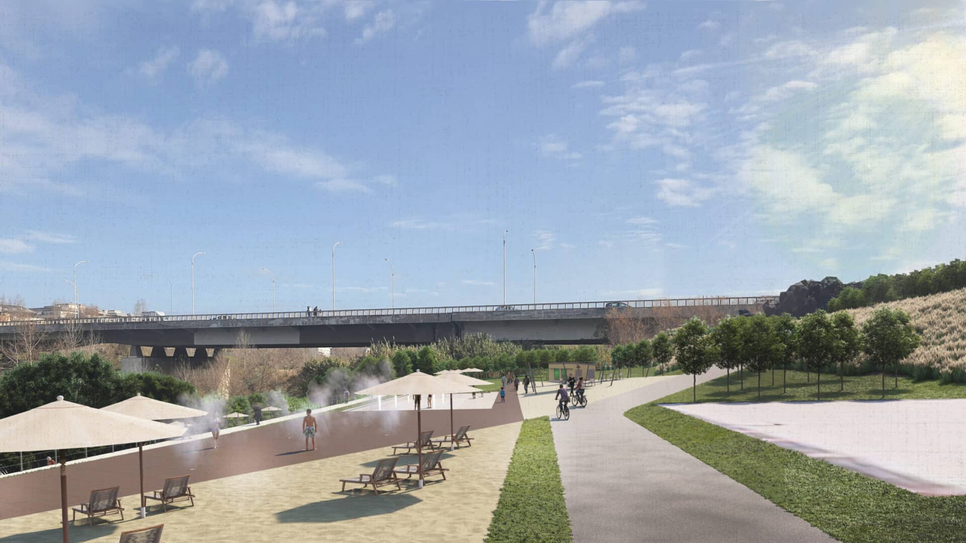 Nuovo parco affaccio sul Tevere a Roma - vista della passeggiata lungo il fiume con aree relax e piste ciclabili
