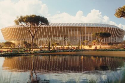 Render del nuovo stadio della Roma previsto nell’area di Pietralata, Roma Est
