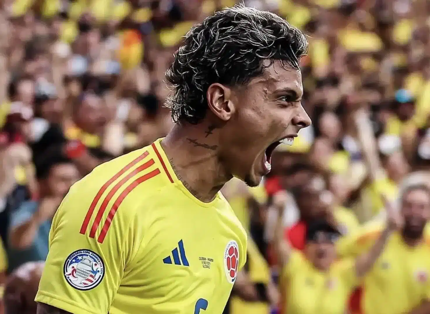 Richard Ríos esulta con la maglia gialla della Colombia durante la Copa América 2024