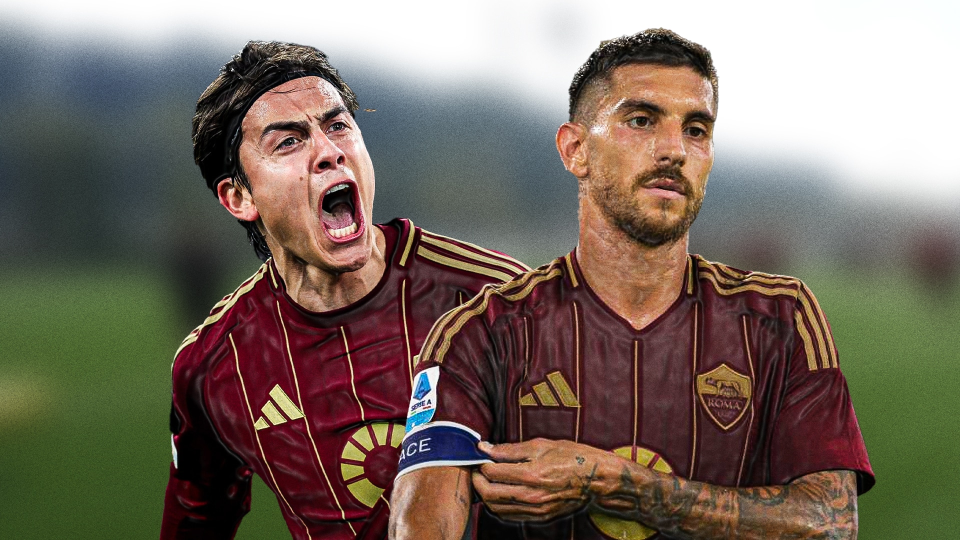 Paulo Dybala e Lorenzo Pellegrini con la maglia della Roma durante il raduno precampionato