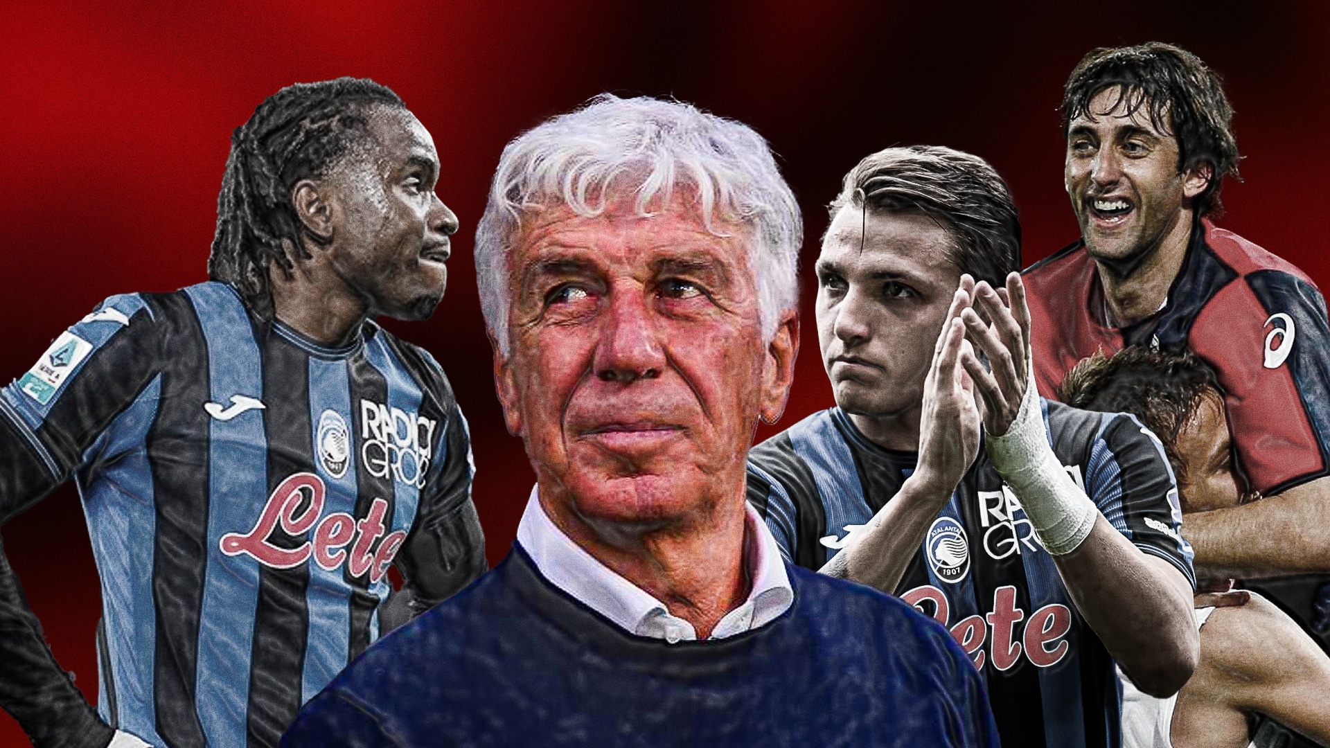 Gian Piero Gasperini insieme a Lookman, Ferguson, Milito e Retegui