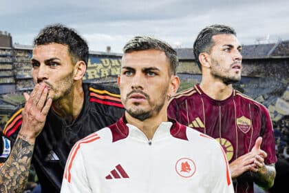 Leandro Paredes con le maglie della Roma e sullo sfondo la Bombonera del Boca Juniors