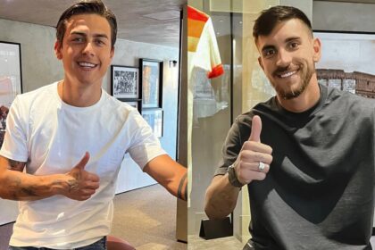 Paulo Dybala e Lorenzo Pellegrini sorridenti nel centro sportivo di Trigoria
