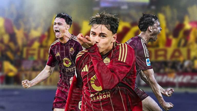 Nicolò Pisilli esulta con la maglia della Roma durante una partita allo Stadio Olimpico, tra grinta, emozione e passione giallorossa