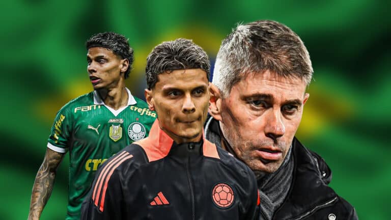 Richard Rios con le maglie del Palmeiras e della Colombia, accanto a Frederic Massara – trattativa calciomercato Roma 2025